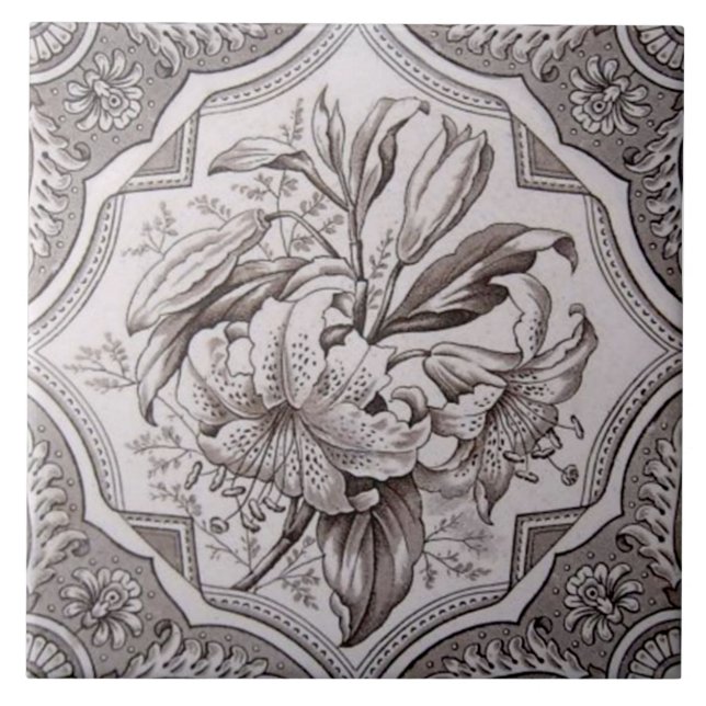 Antique Victorian Superb Floral Transferware Repro Tile (Front)