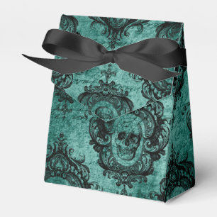 Antique Victorian Teal and Black Skull Pattern Favor Box