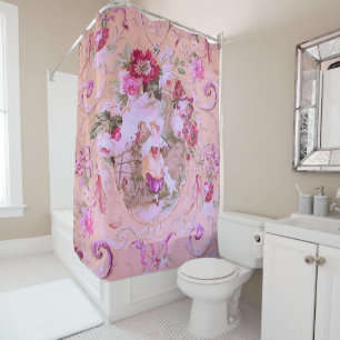 Antique Victorian Toile Rococo Style Floral Pink 