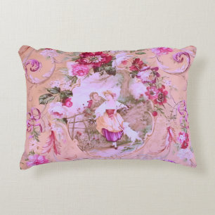 Antique Victorian Toile Rococo Style Floral Pink  Accent Pillow