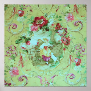 Antique Victorian Toile Rococo Style Sage Green Poster