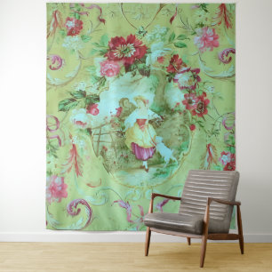 Antique Victorian Toile Rococo Style Sage Green Tapestry