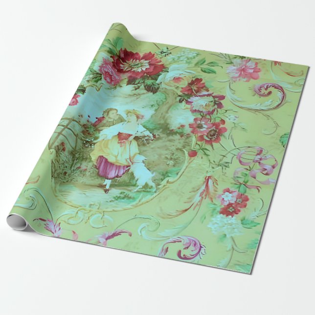 Antique Victorian Toile Sage Green Decoupage  Wrapping Paper (Unrolled)
