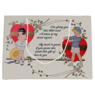 Antique Victorian Valentine Card Art Retro Child Large Gift Bag