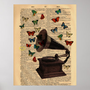Antique Victrola Butterflies Dictionary Poster