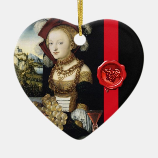 ANTIQUE VINEYARD GRAPES AND WINE ,RED WAX SEAL CERAMIC ORNAMENT (Front)