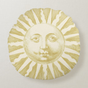 Antique Vintage Beige Gold Sun Face Round Pillow