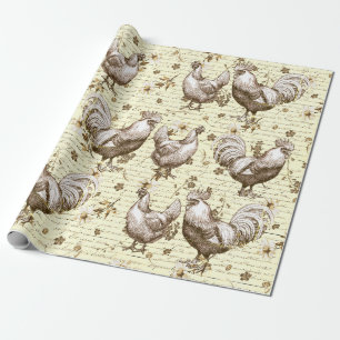 Antique Vintage Beige Rooster Hen French Script Wrapping Paper