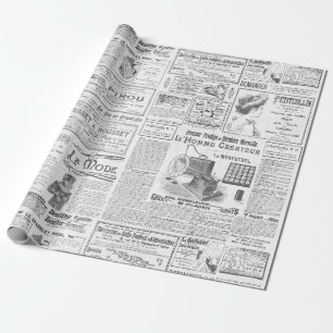 Antique Vintage Black White French Ads Ephemera Wrapping Paper