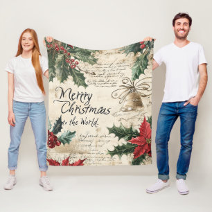 Antique Vintage Christmas Holly Pattern Fleece Blanket
