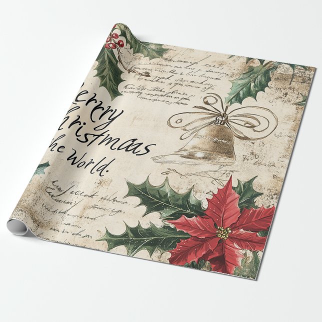 Antique Vintage Christmas Holly Pattern Wrapping Paper (Unrolled)