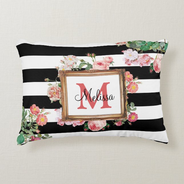 Antique Vintage Floral & Stripes Monogram Accent Pillow (Front)