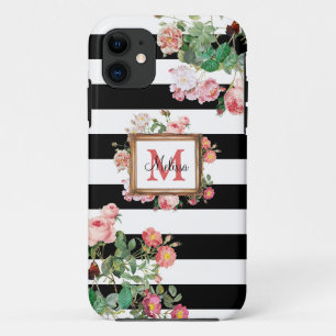 Antique Vintage Floral & Stripes Monogram iPhone 11 Case