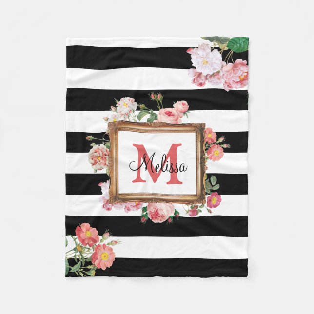 Antique Vintage Floral & Stripes Monogram Fleece Blanket (Front)
