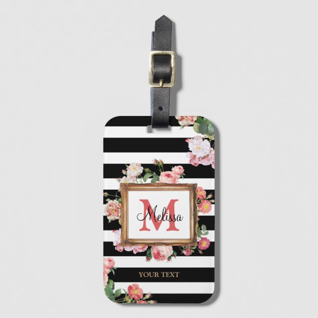 Antique Vintage Floral & Stripes Monogram Luggage Tag (Front Vertical)