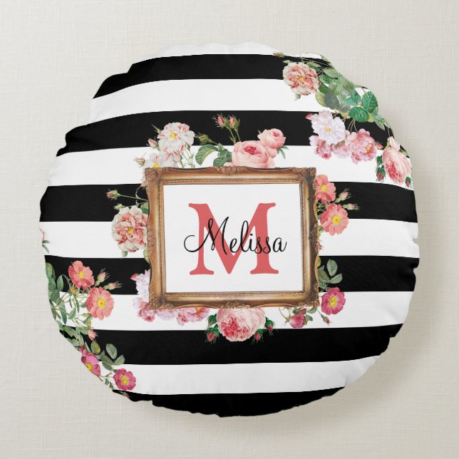 Antique Vintage Floral & Stripes Monogram Round Pillow (Front)