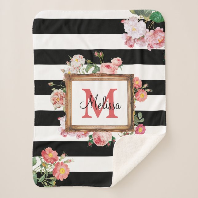 Antique Vintage Floral & Stripes Monogram Sherpa Blanket (Front)