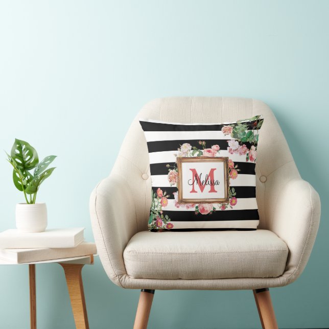 Antique Vintage Floral & Stripes Monogram Throw Pillow (Chair)