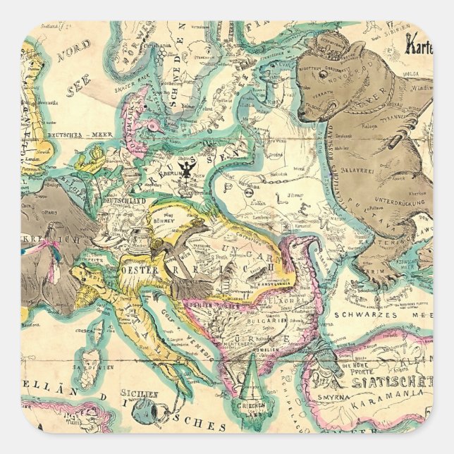 Antique Vintage German Map of Europe Square Sticker (Front)