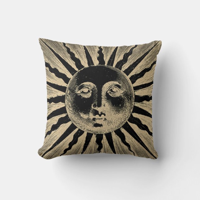 Antique Vintage Gold Black Sun Face Throw Pillow (Front)