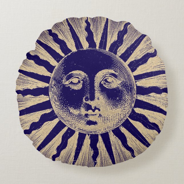 Antique Vintage Gold Blue Sun Face Round Pillow (Front)