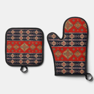 Antique Vintage Gold Onyx Red Kilim Turkish Rug Oven Mitt & Pot Holder Set