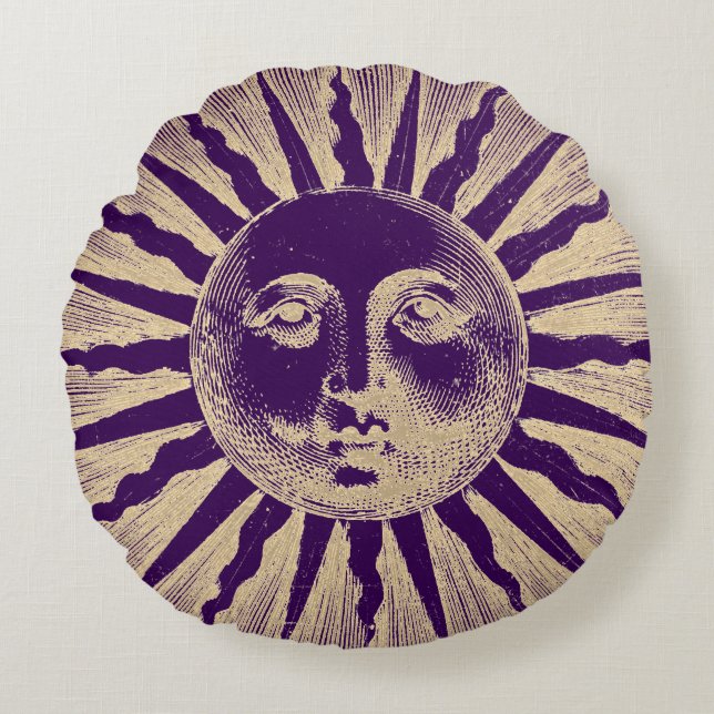 Antique Vintage Gold Purple Sun Face Round Pillow (Front)