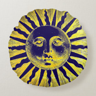 Antique Vintage Gold Yellow Blue Sun Face Round Pillow