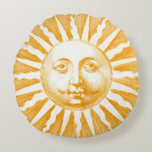 Antique Vintage Gold Yellow  Sun Face Round Pillow