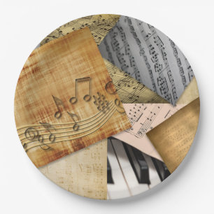 Antique vintage piano keys and sheet music paper plate