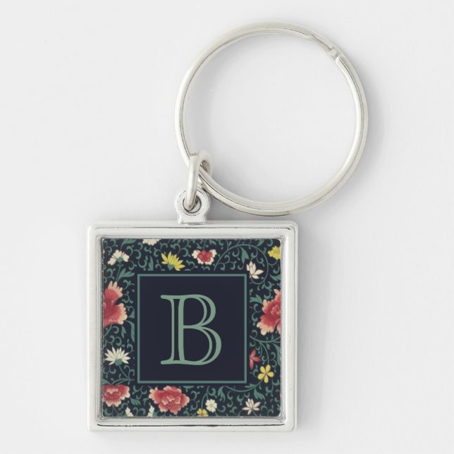 Antique Vintage Pretty Floral Monogram Keychain (Front)