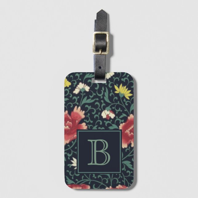 Antique Vintage Pretty Floral Monogram Luggage Tag (Front Vertical)