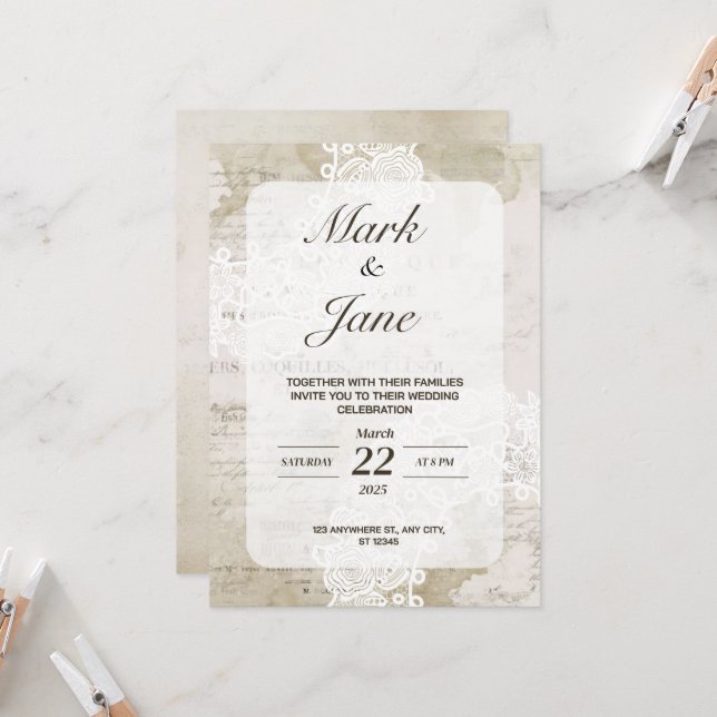 Antique vintage themed wedding invitation (Front/Back In Situ)