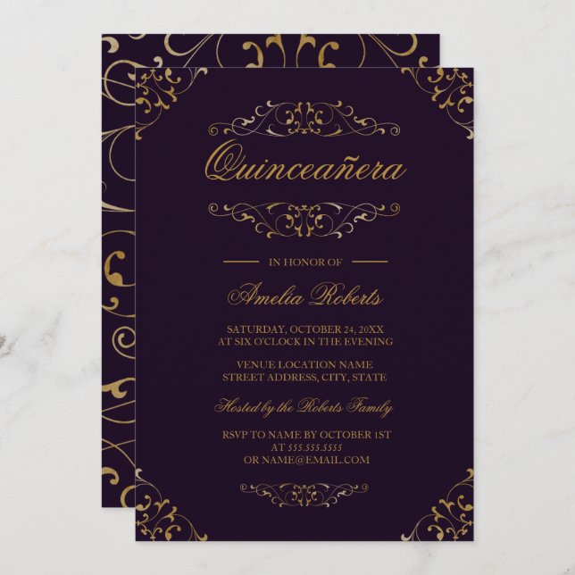 Antique violet or fleurir Quinceanera Invitation (Devant / Derrière)