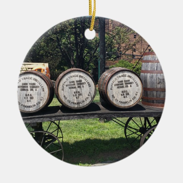 Antique Wagon with Bourbon Barrels Ceramic Ornament (Front)