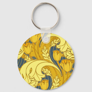 Antique Wallpaper Tulip Blue Gold Artwork Pattern Keychain
