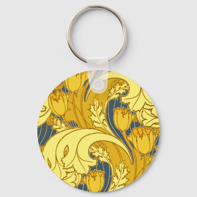 Antique Wallpaper Tulip Blue Gold Artwork Pattern Keychain (Front)