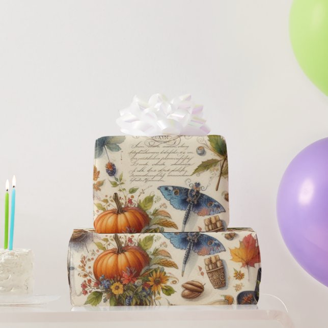 Antique Watercolor Ephemera Autumn  Wrapping Paper (Party Gifts)