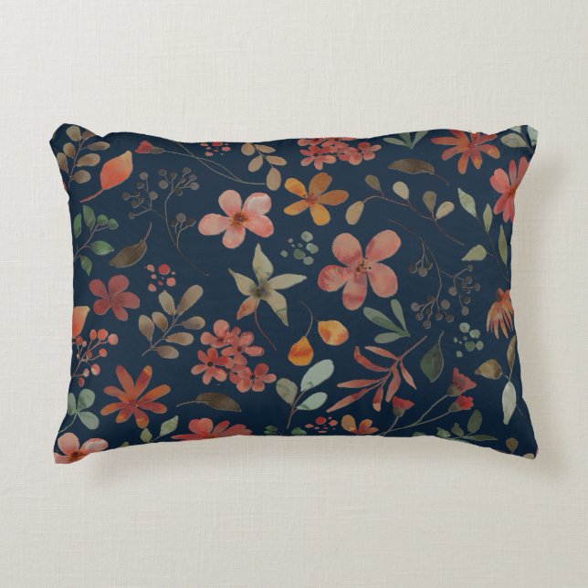 Antique Watercolor Print Floral on Navy Accent Pillow (Front)