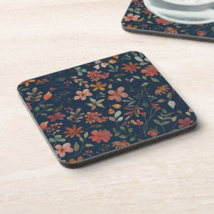 Antique Watercolor Print Floral on Navy Coaster
