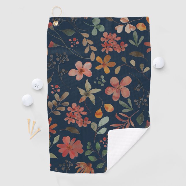 Antique Watercolor Print Floral on Navy Golf Towel (InSitu)