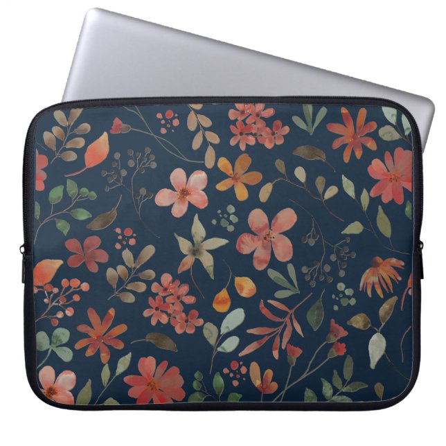 Antique Watercolor Print Floral on Navy Laptop Sleeve (Front)