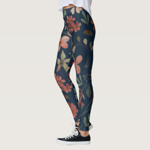 Antique Watercolor Print Floral on Navy Leggings