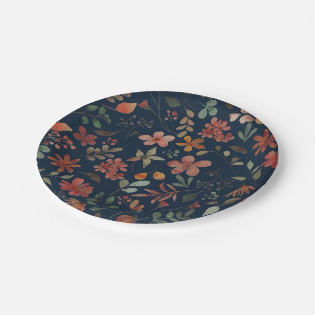Antique Watercolor Print Floral on Navy Paper Plate (Angled)