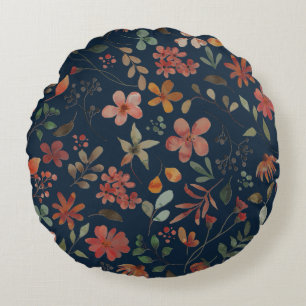 Antique Watercolor Print Floral on Navy Round Pillow