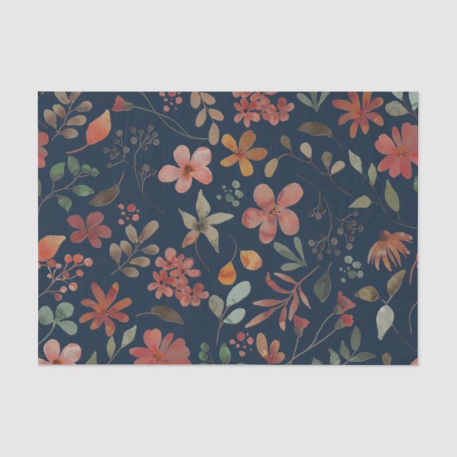 Antique Watercolor Print Floral on Navy Tissue Paper (Front)