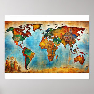 Antique Watercolor World Map Poster