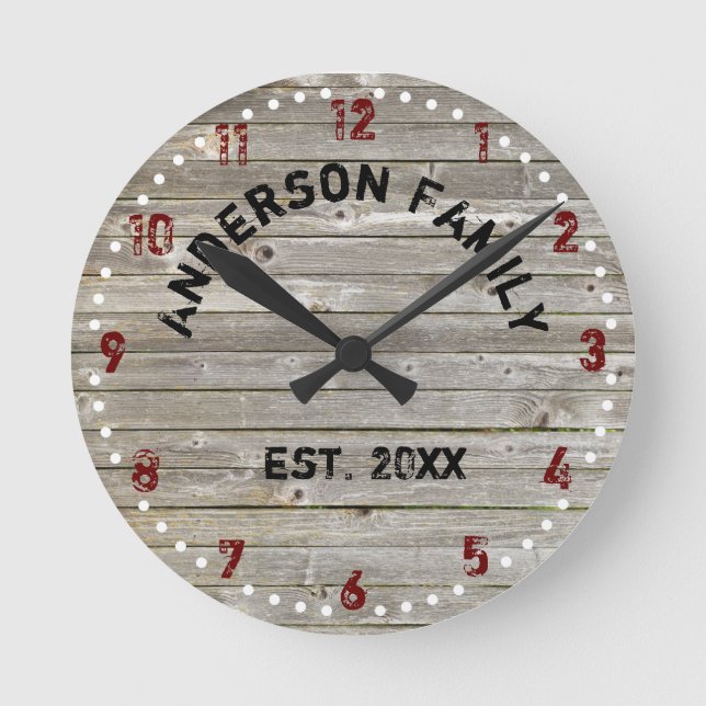 Antique Weathered Barn Wood Custom Name Round Clock (Front)