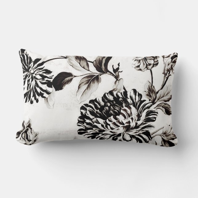 Antique White & Black Botanical Floral Toile No.2 Lumbar Pillow (Front)