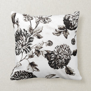 Antique White & Black Botanical Floral Toile No.2 Throw Pillow